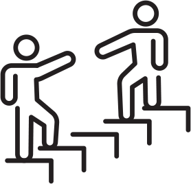 silhouettes of two figures facing each supportively while climbing stairs
